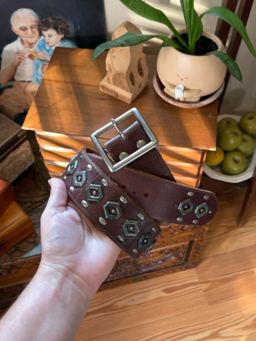 Y2K Hollister Brown Leather Belt with Chunky Silver hexagonal Studs Men’s Small